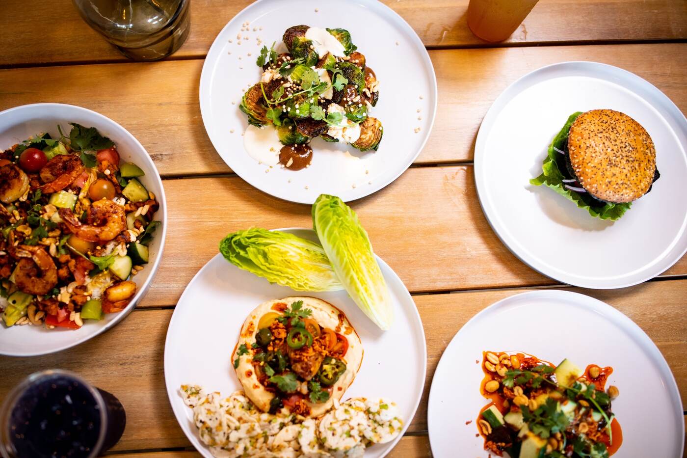 Family-style table of McFlamingo dishes from above