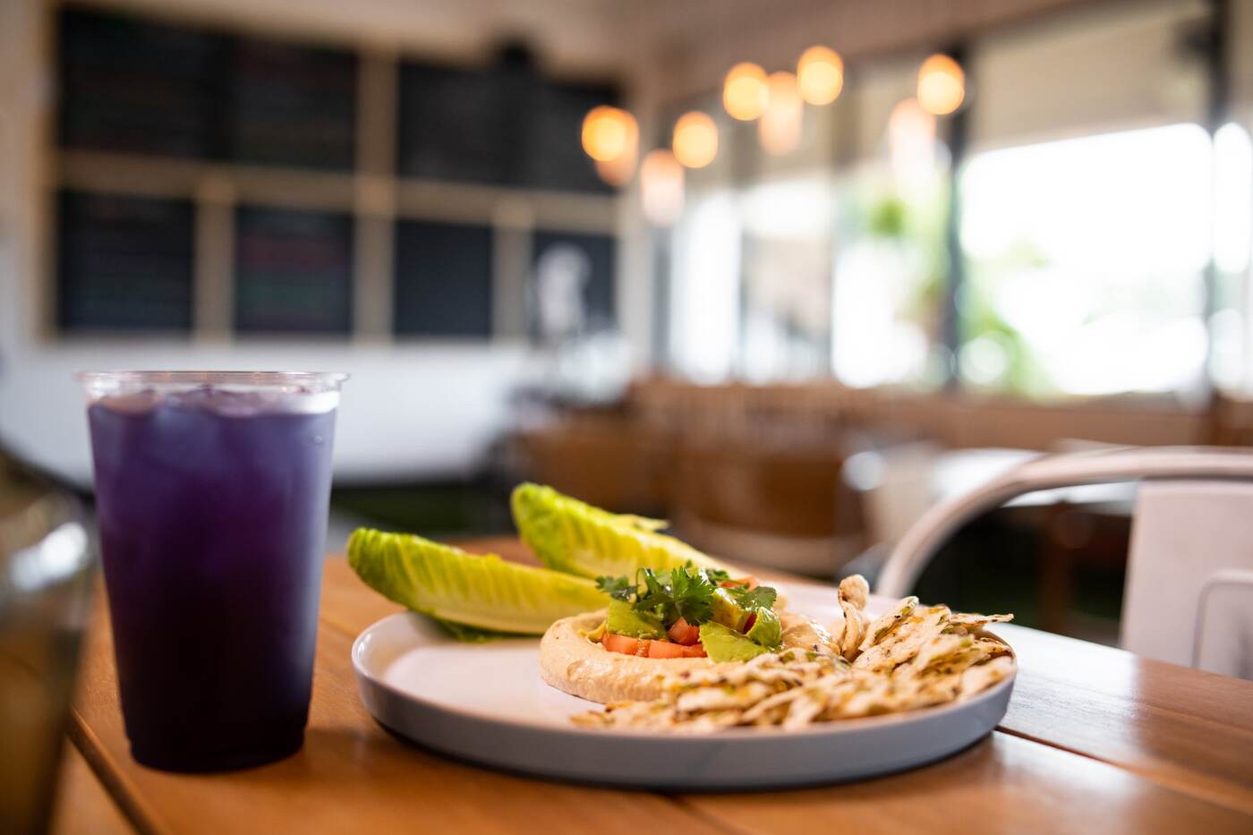 Hummus plate and purple cooler in the McFlamingo dining room